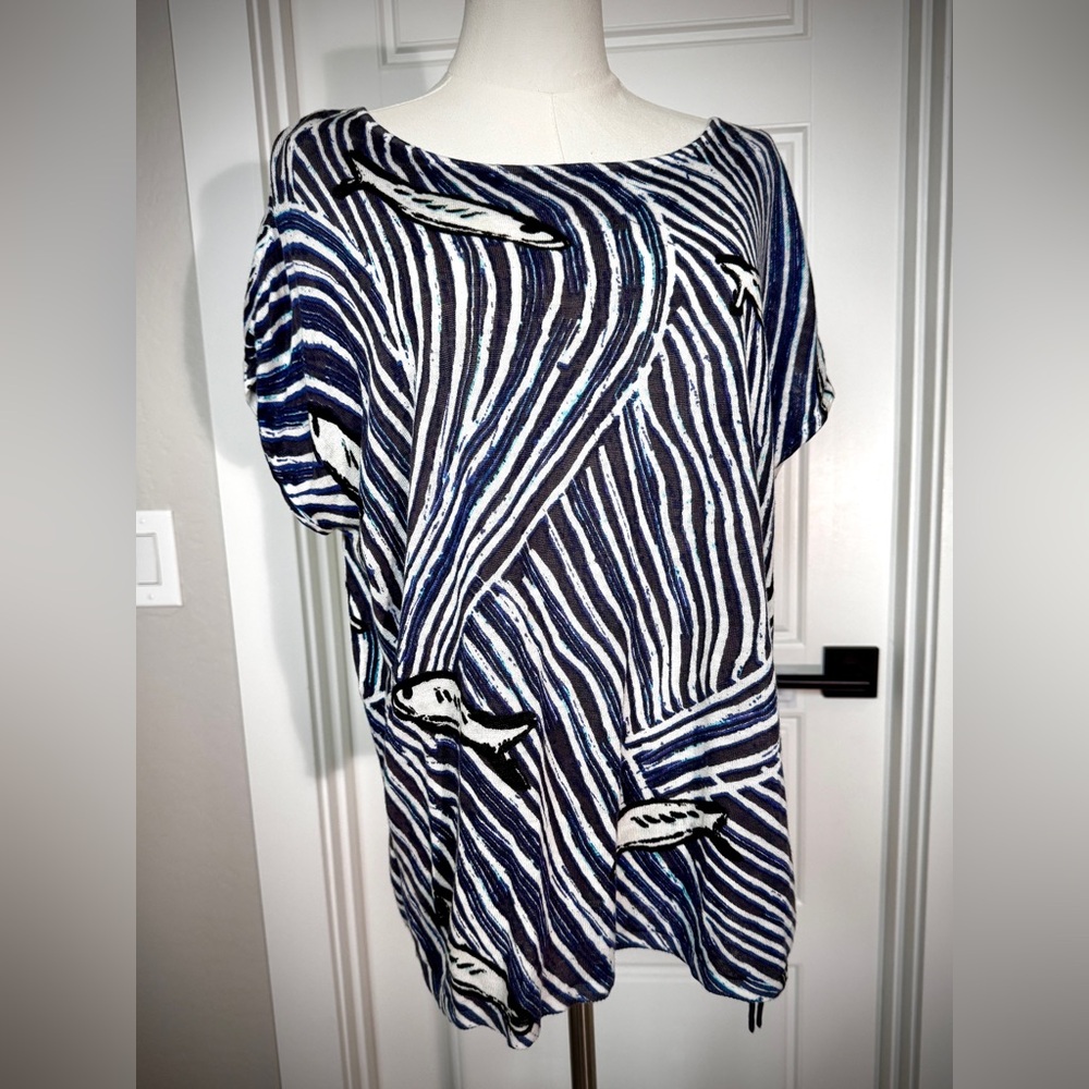 NIC+ZOE Ocean Knit Linen Rayon Fish Print Short Sleeve Sweater Resort Vacation M